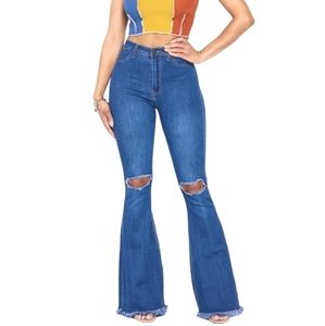 DENIM BLVD Bell Bottom Jeans Ripped Knee Flared Jean Destroyed Raw